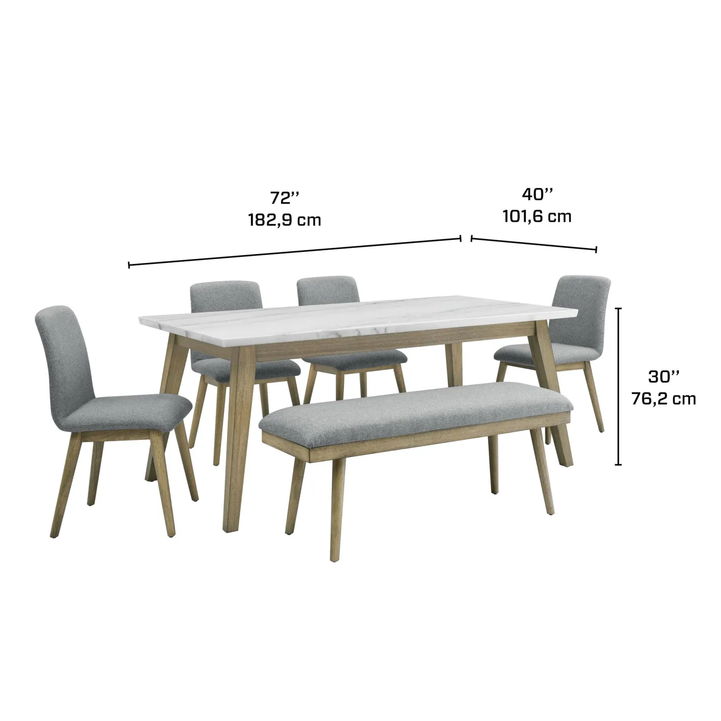Table à manger avec plateau en marbre blanc, 4 chaises et 1 banc - gris