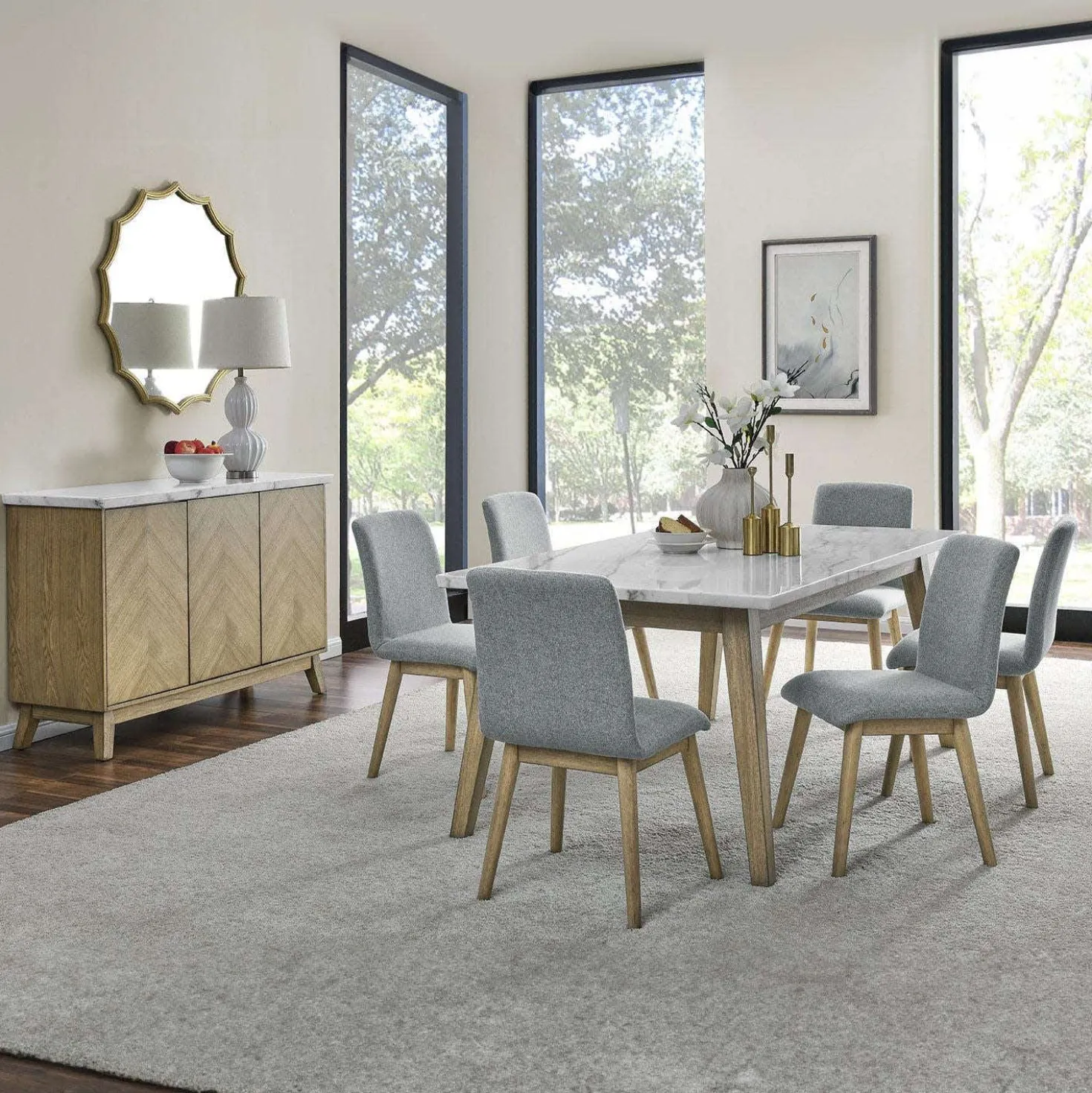 Table à manger avec plateau en marbre blanc et 6 chaises - gris