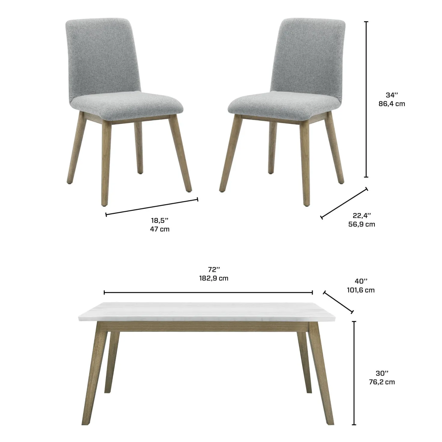 Table à manger avec plateau en marbre blanc et 6 chaises - gris