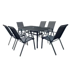 Table à manger d’extérieur rectangulaire en acier avec 6 chaises