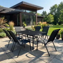Table à manger d’extérieur rectangulaire en acier avec 6 chaises
