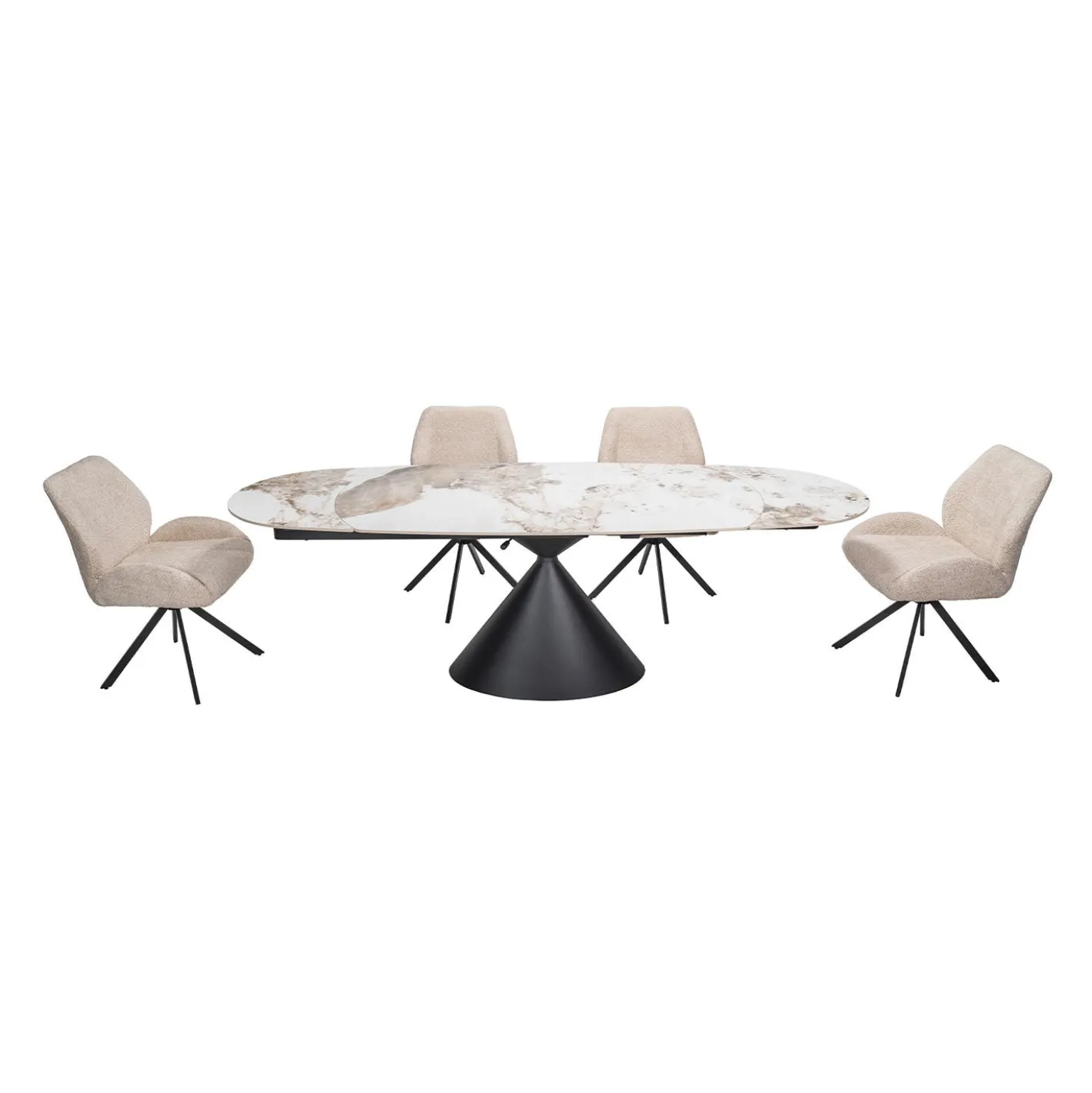 Table à manger ovale convertible extensible avec piédestal et 4 chaises en tissu bouclé - 63"