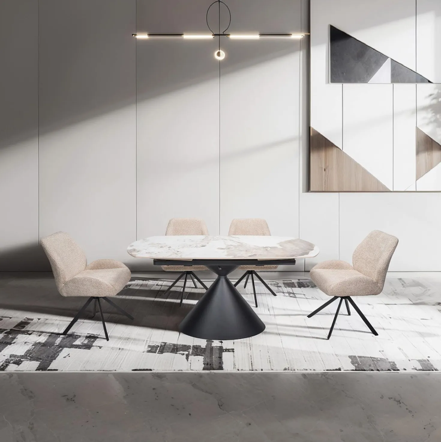 Table à manger ovale convertible extensible avec piédestal et 4 chaises en tissu bouclé - 63"