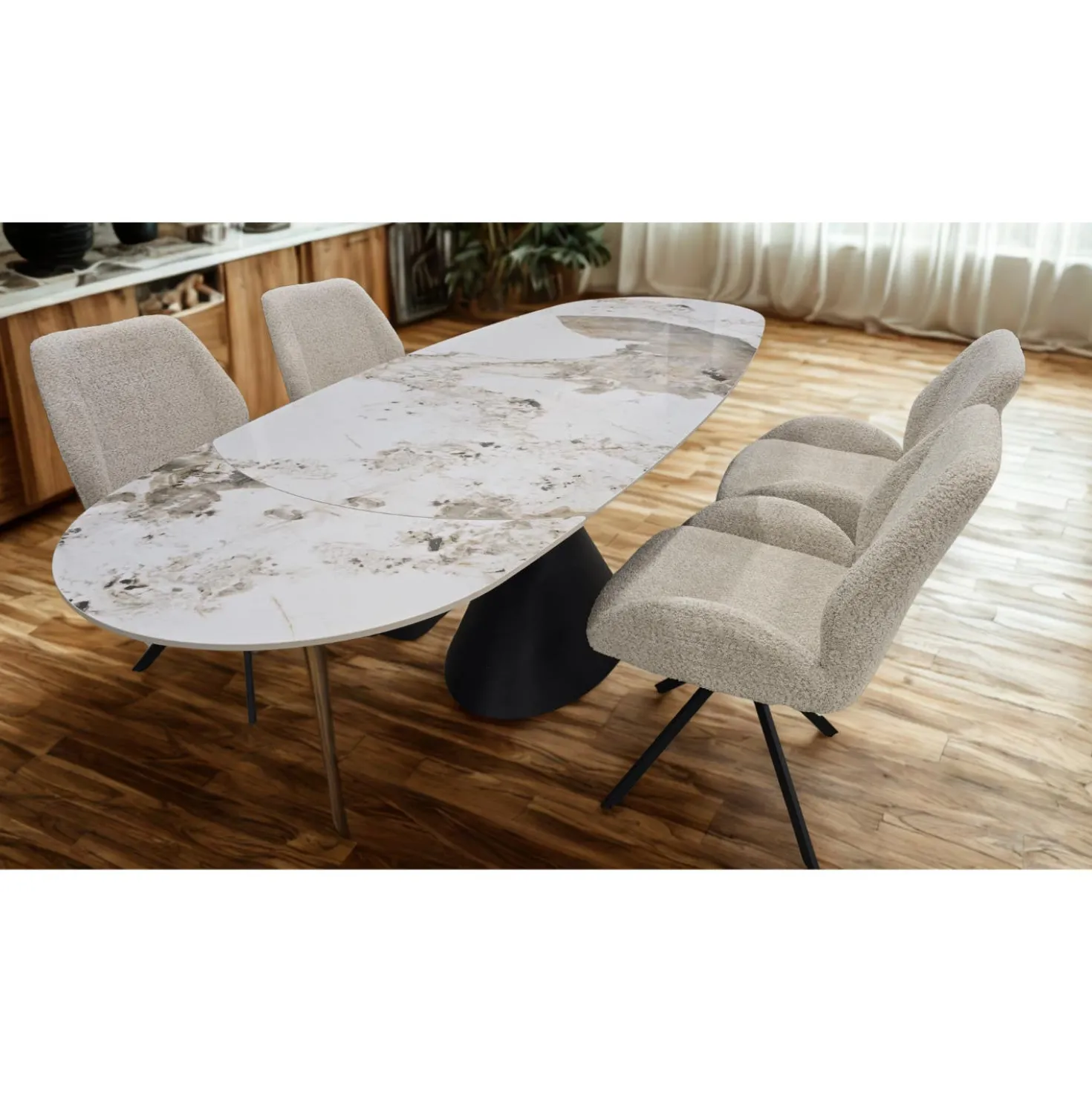 Table à manger ovale convertible extensible avec piédestal et 4 chaises en tissu bouclé - 63"