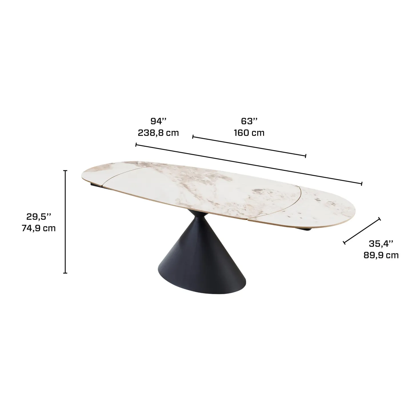 Table à manger ovale convertible extensible avec piédestal et 4 chaises en tissu bouclé - 63"