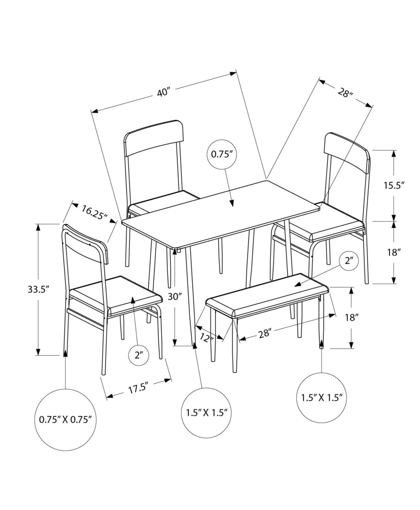 Table à manger rectangulaire avec 3 chaises et 1 banc