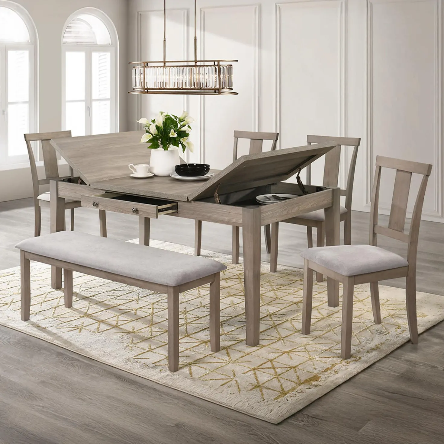 Table à manger rectangulaire avec rangement, 4 chaises et 1 banc - gris