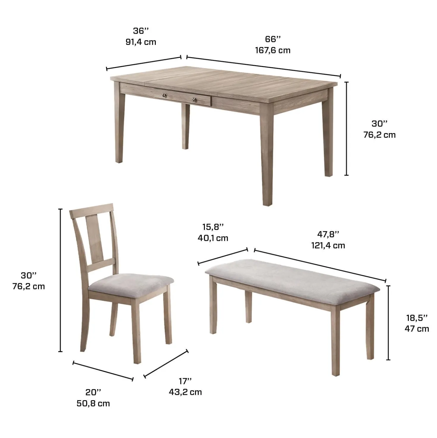 Table à manger rectangulaire avec rangement, 4 chaises et 1 banc - gris