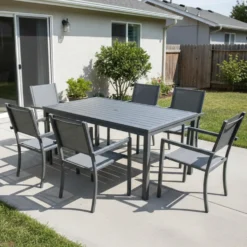 Table à manger rectangulaire d’extérieur en métal et 6 chaises