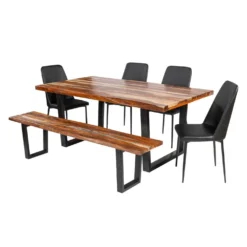 Table à manger rectangulaire en bois massif, 4 chaises et banc - 72"