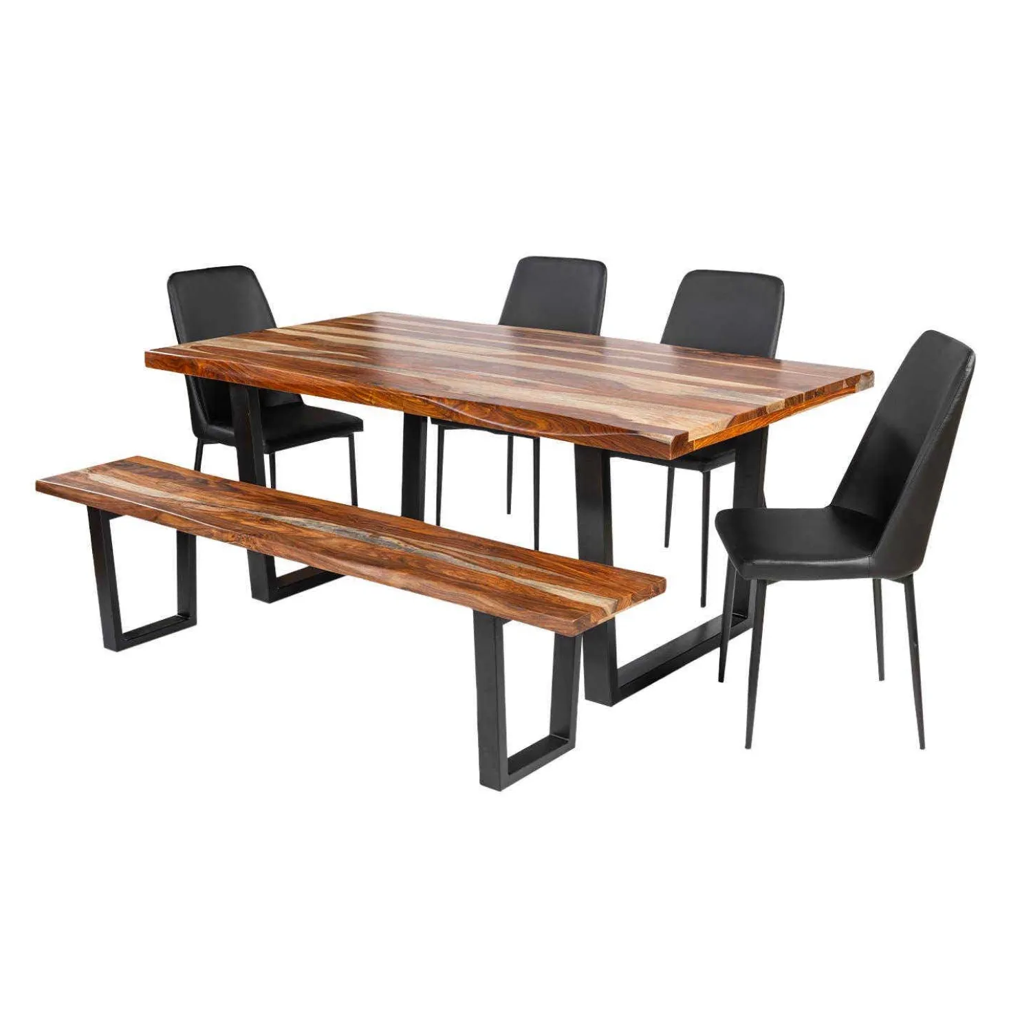 Table à manger rectangulaire en bois massif, 4 chaises et banc - 72"