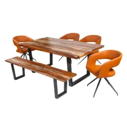 Table à manger rectangulaire en bois massif, 4 chaises et banc- 72"
