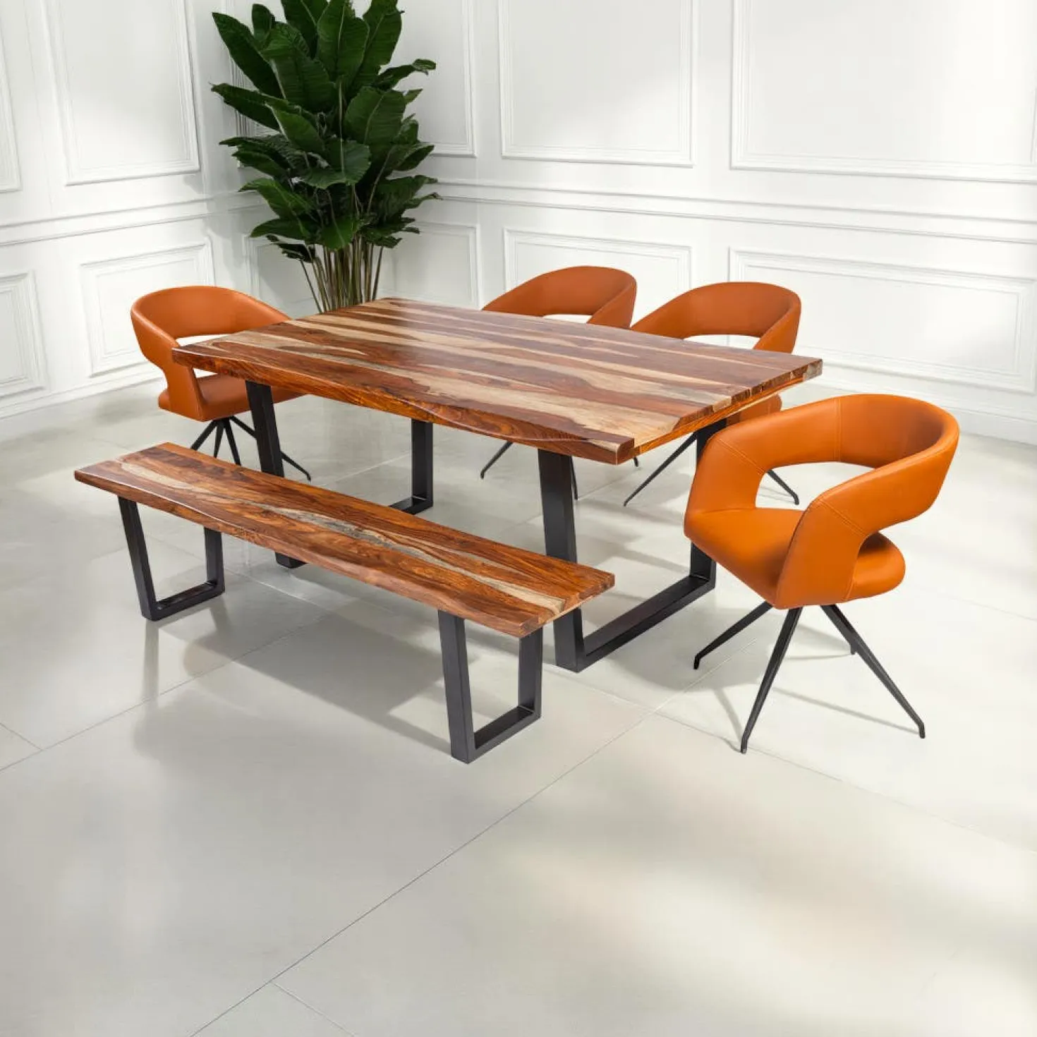Table à manger rectangulaire en bois massif, 4 chaises et banc- 72"