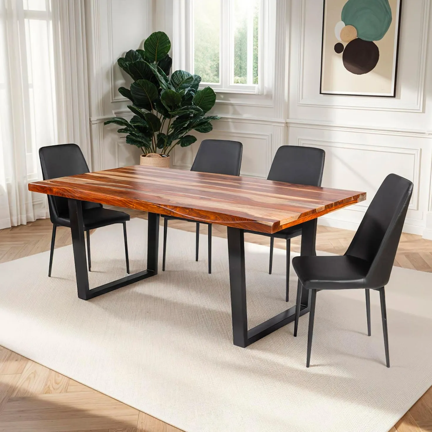 Table à manger rectangulaire en bois massif et 4 chaises- 72"