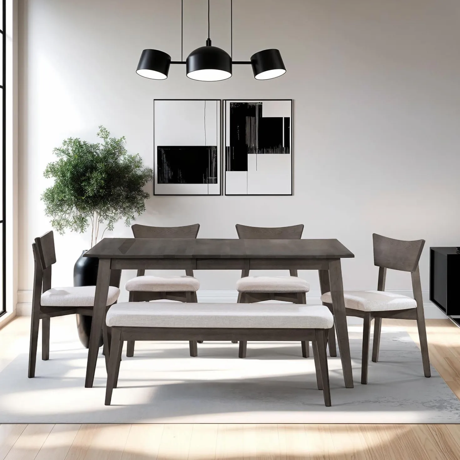 Table à manger rectangulaire extensible (54" à 70") avec 4 chaises et banc - ardoise