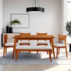 Table à manger rectangulaire extensible (54" à 70") avec 4 chaises et banc - brun