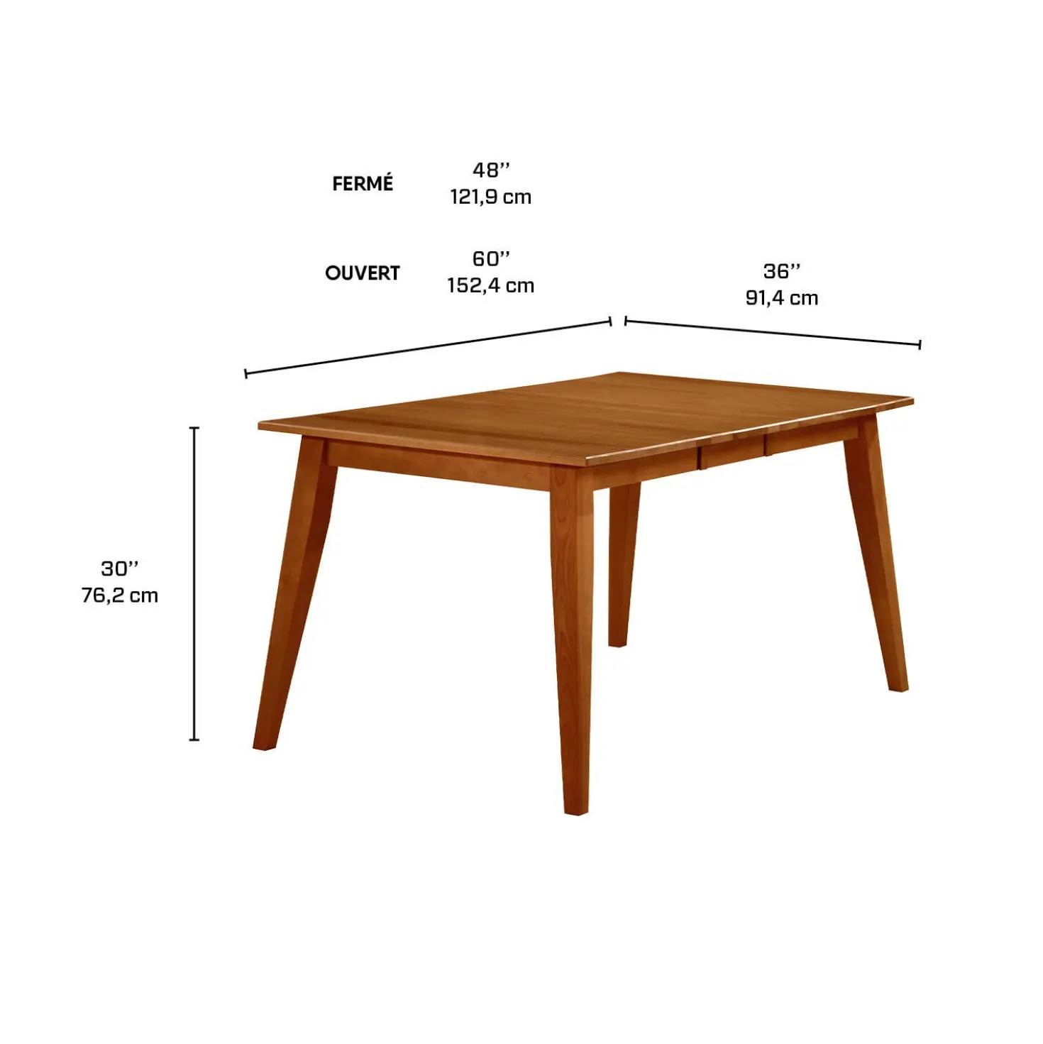 Table à manger rectangulaire extensible en bois massif 48" à 60" - brun