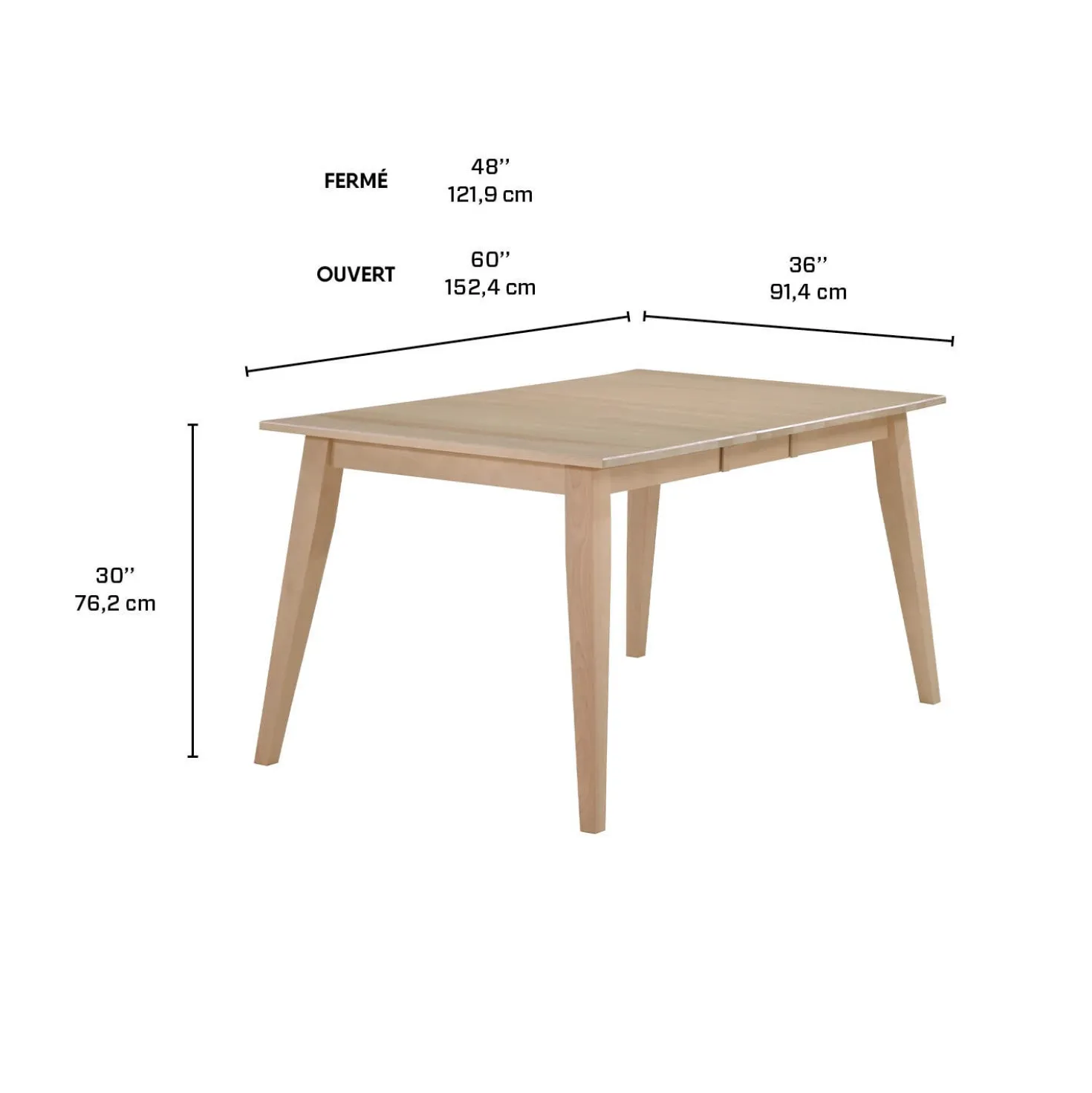 Table à manger rectangulaire extensible en bois massif 48" à 60" - grège
