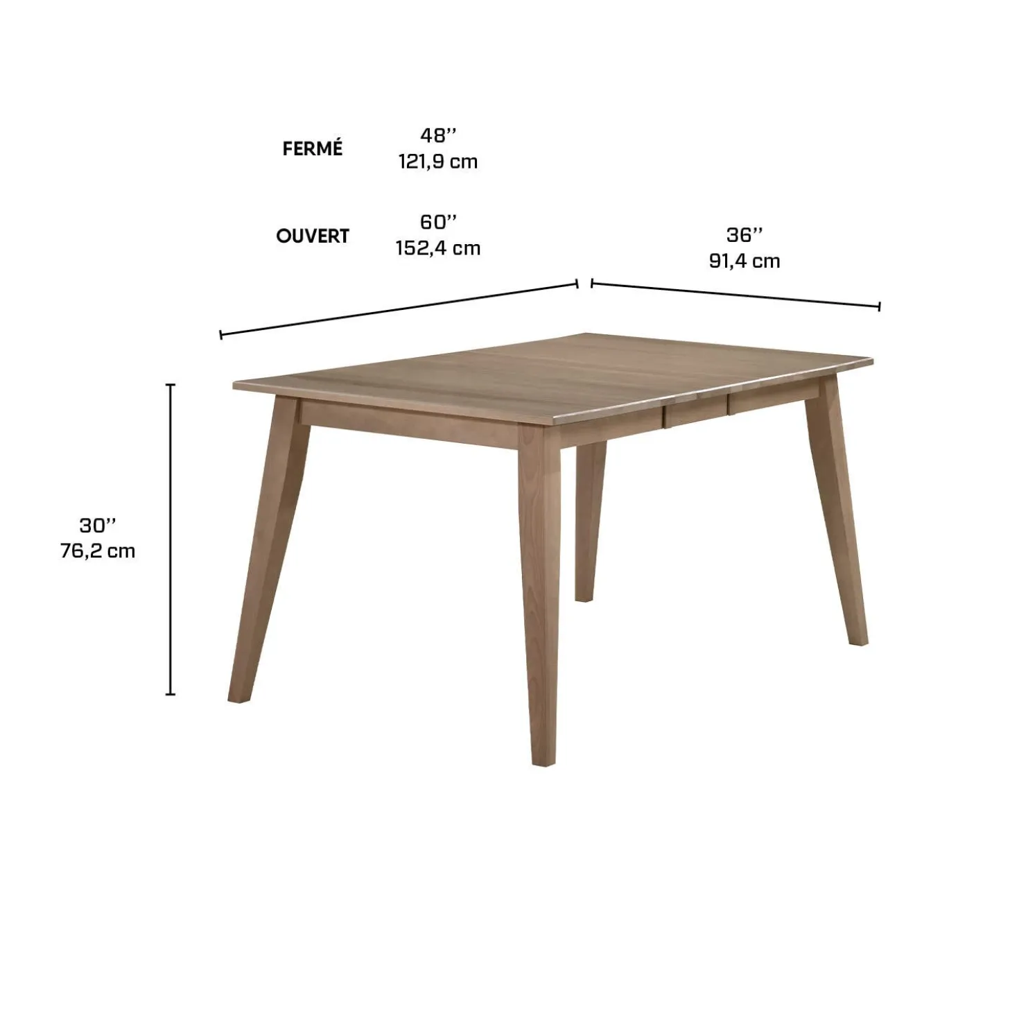 Table à manger rectangulaire extensible en bois massif 48" à 60" - gris