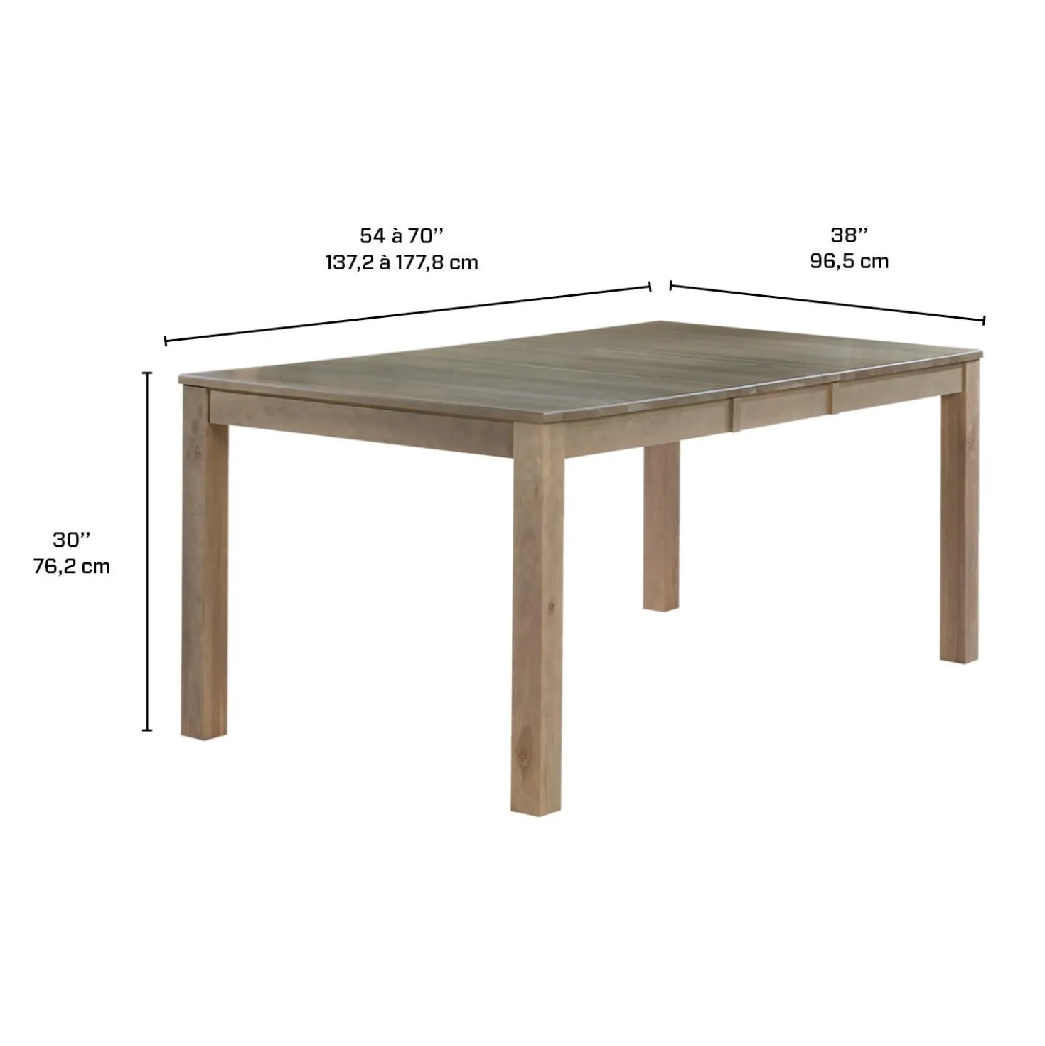 Table à manger rectangulaire extensible en bois massif 54" à 70"