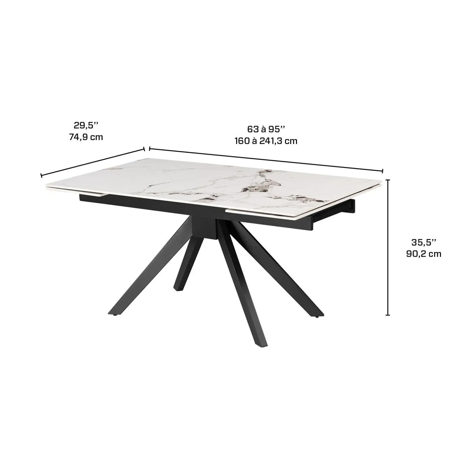 Table à manger rectangulaire extensible en pierre sintérisée 63" à 95"