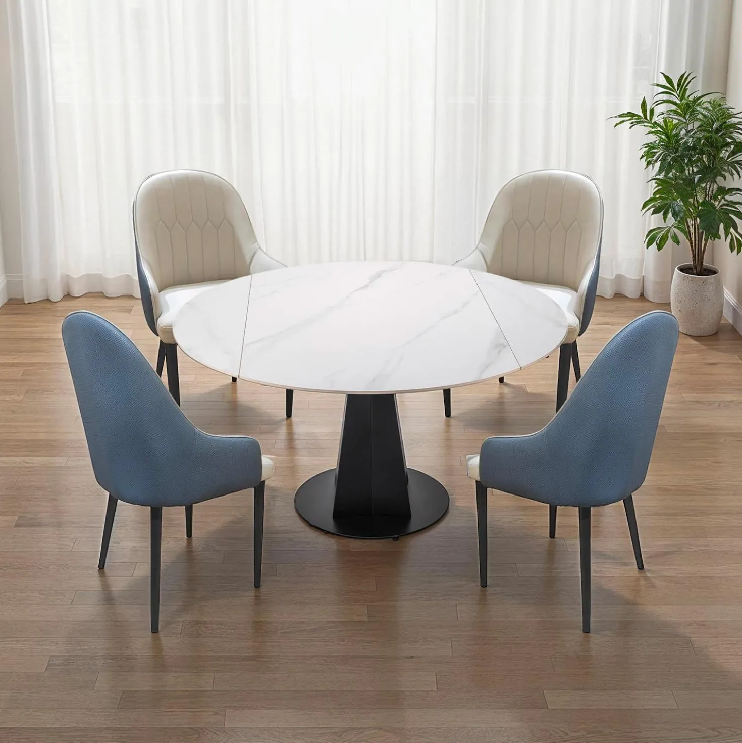 Table à manger ronde convertible extensible avec piédestal et 4 chaises - 53"