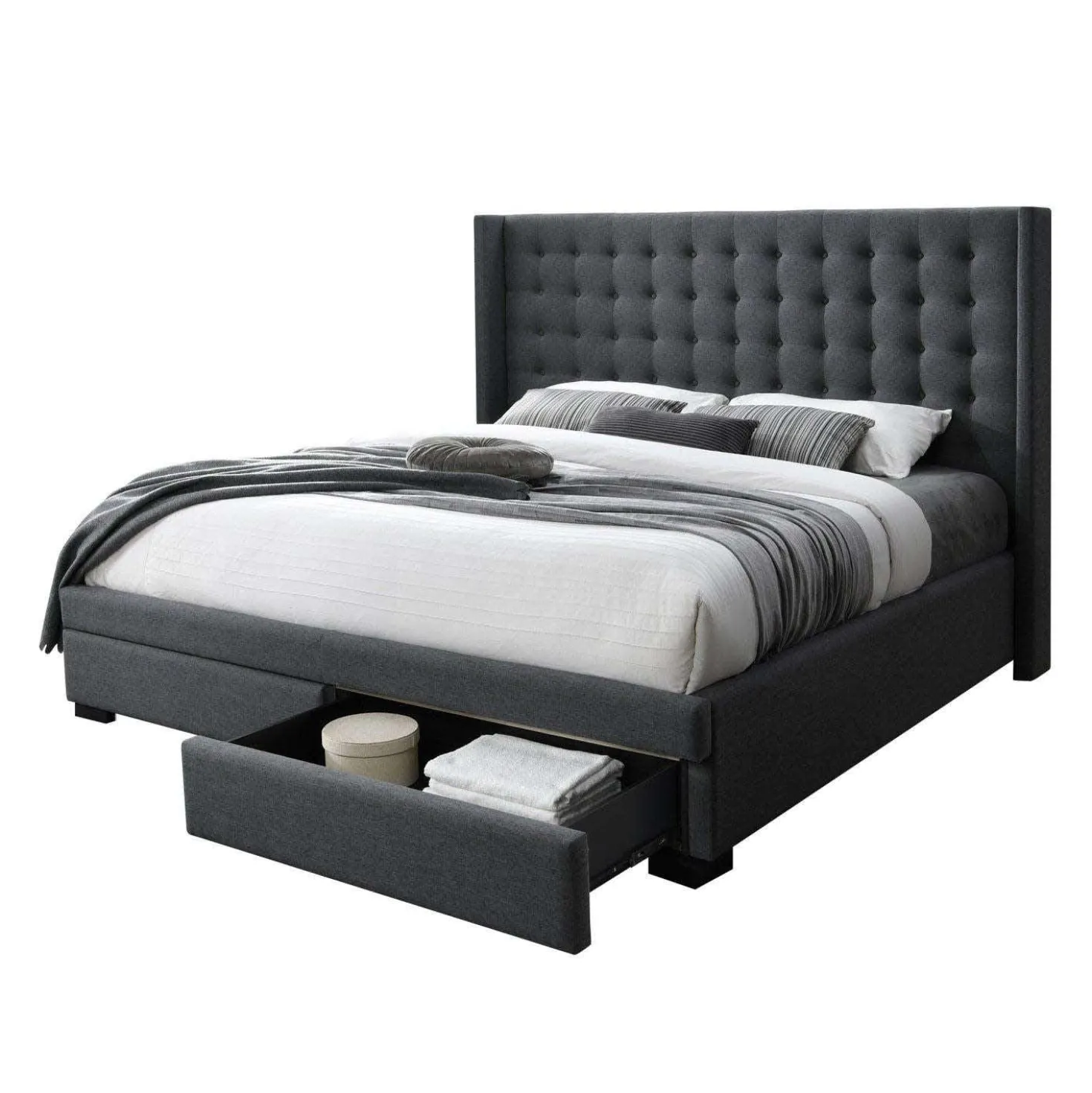 Très grand lit en tissu avec rangement 2 tiroirs et tête de lit (78")