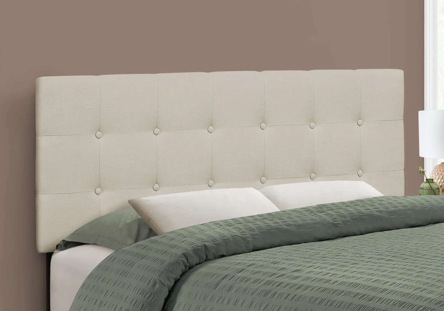 Tête de lit - double - bouton touffeté, panneau rembourré - faux lin beige - Monarch