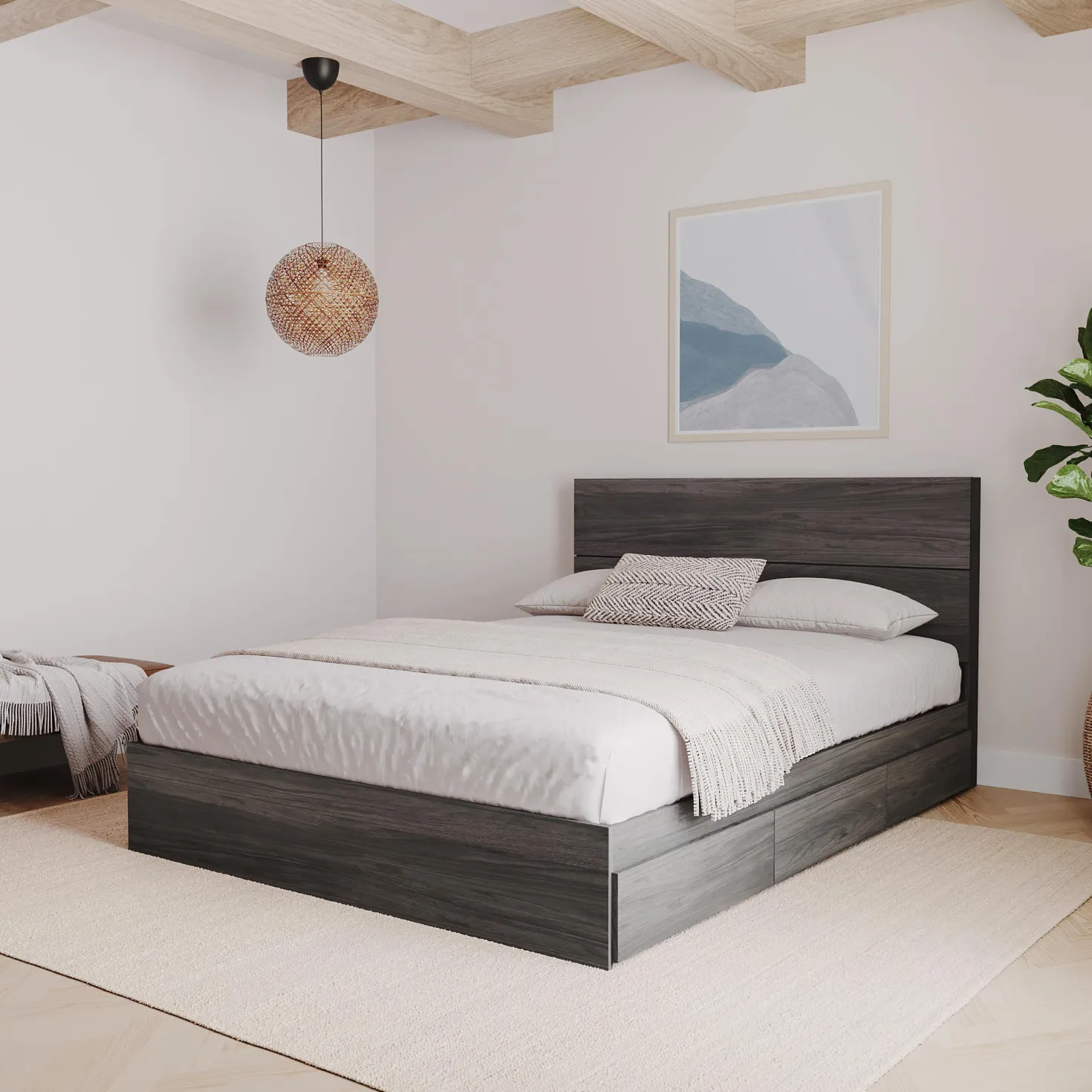 Tête de lit double effet de planches, gris écorce - Nexera